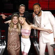 the voice    live top 8 performances episode 2118a    pictured l r kelly clarkson, ariana grande, blake shelton, john legend    photo by trae pattonnbcnbcu photo bank via getty images