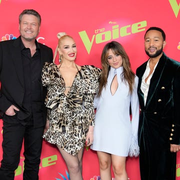 the voice live finale, part 1 red carpet episode 2220a pictured l r blake shelton, gwen stefani, camila cabello, john legend