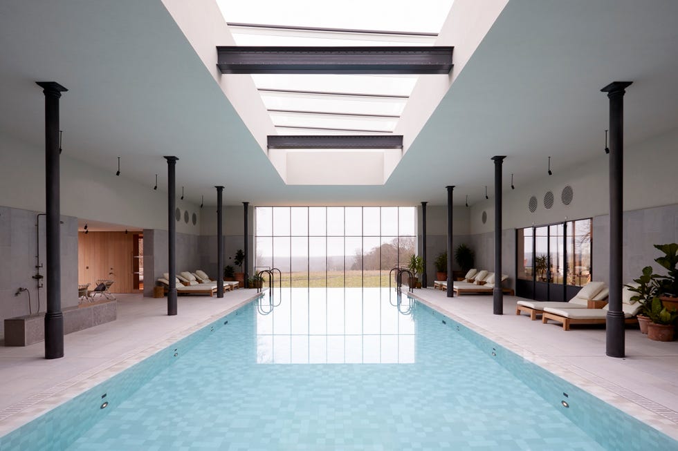 a swimming pool in a building