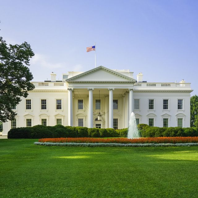 the white house, green lawn, blue sky, early morning light