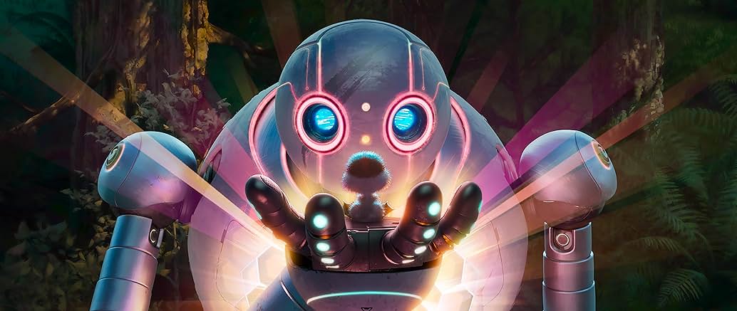 friendly robot holding a small creature in its palms