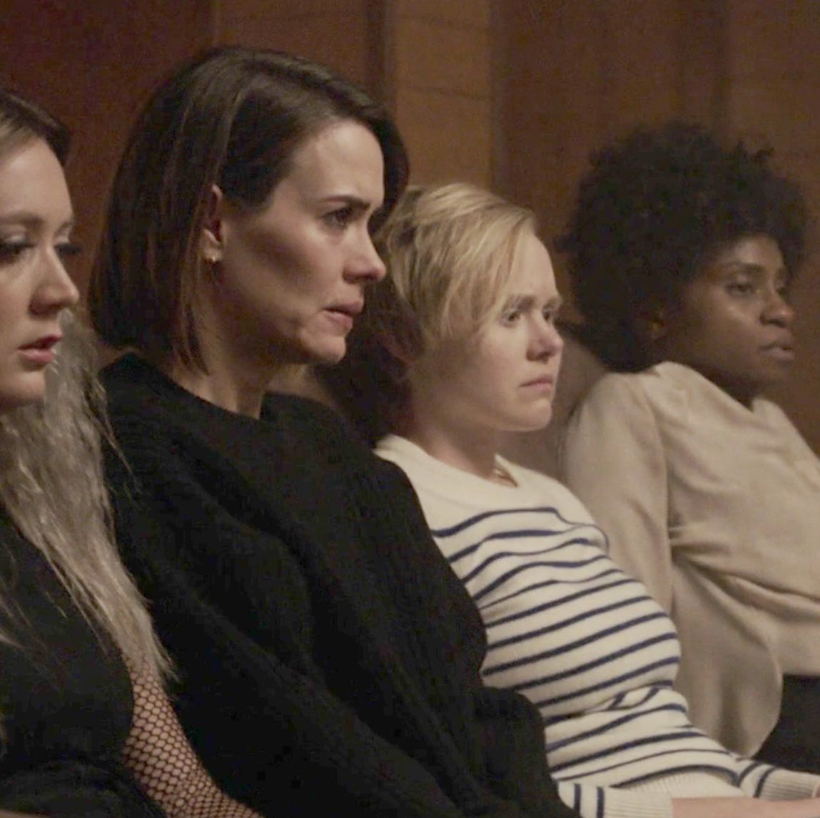Winter (Billie Lourd), Ally (Sarah Paulson), Ivy (Alison Pill), and Beverly (Adina Porter) in American Horror Story: Cult, "Drink the Kool-Aid," Season 7, Episode 9.​​​​​​​