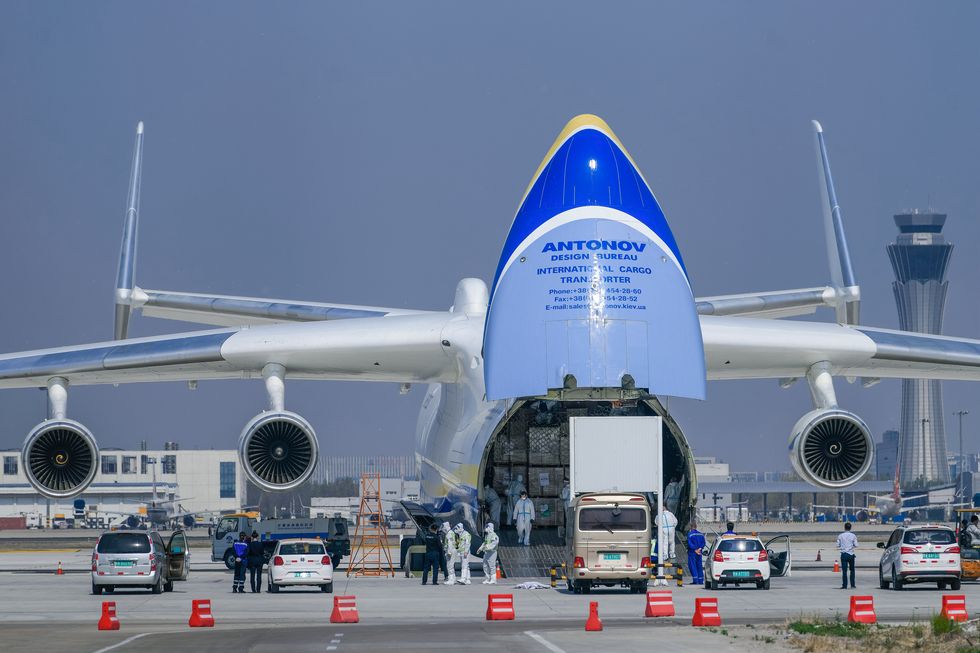 The world's biggest transport plane AN225 flies from Poland to Tianjin to transport 81.3 tons epidemic prevention materials in Tianjin,China on 13th April, 2020