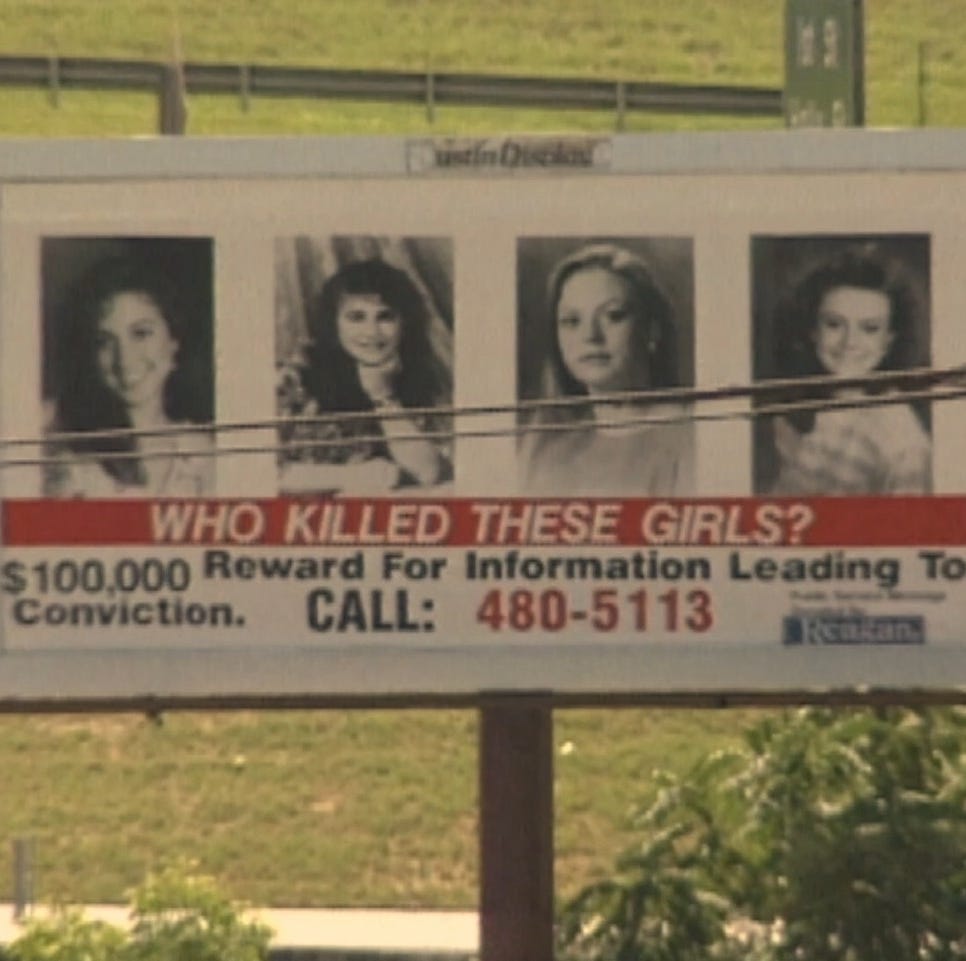 HBO documentary 'The Yogurt Shop Murders' examines an unsolved Austin, Texas murder case billboard seeking information about a crime involving missing girls includes four headshots and text