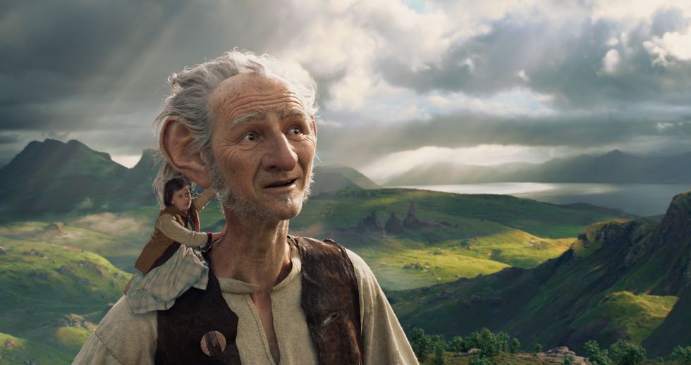 in disney's fantasy adventure the bfg, directed by steven spielberg and based on roald dahl's beloved classic, a precocious 10 year old named sophie ruby barnhill befriends the bfg oscar tm winner mark rylance, a big friendly giant from giant country
