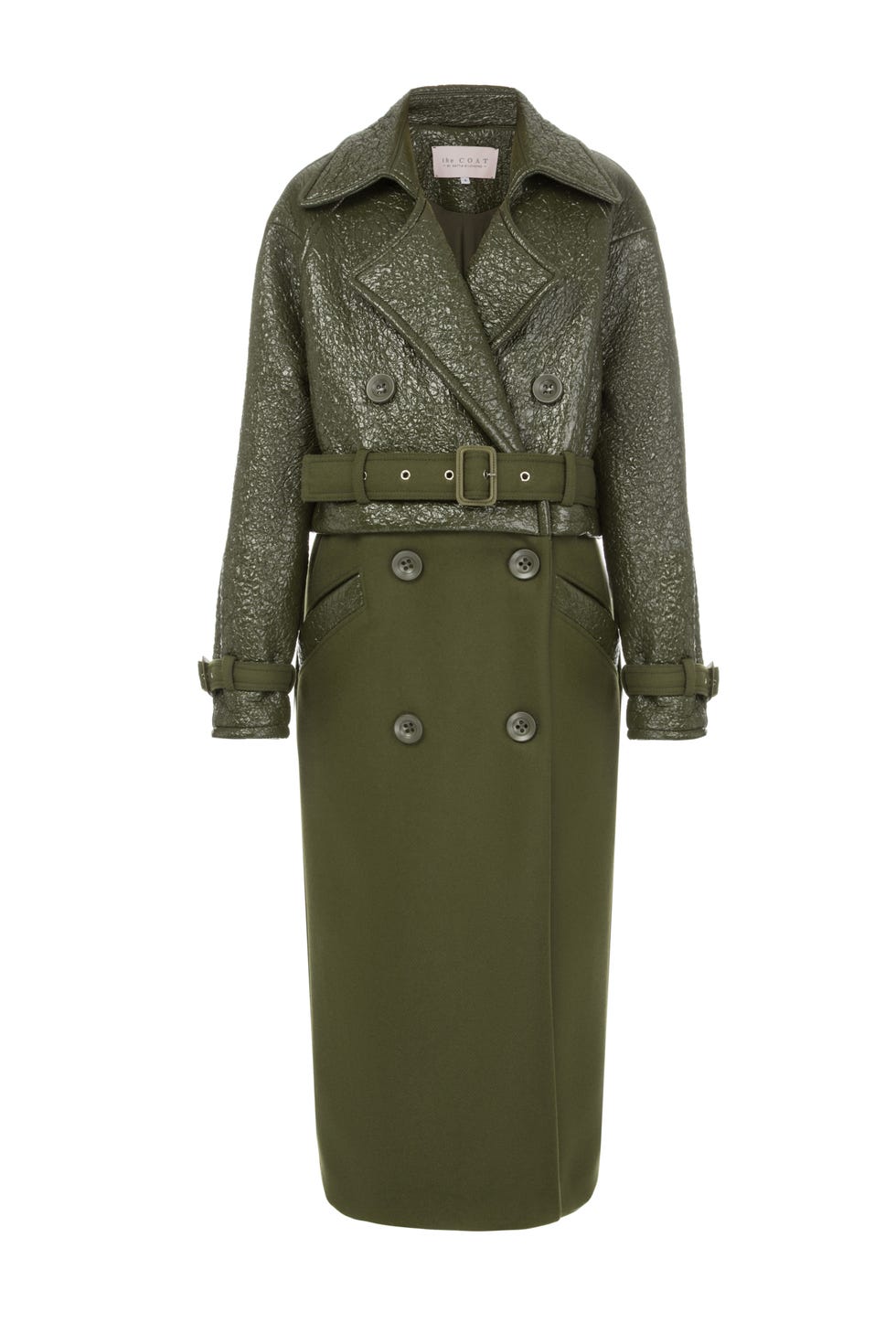 Clothing, Coat, Trench coat, Outerwear, Green, Overcoat, Sleeve, Khaki, Dress, Day dress, 
