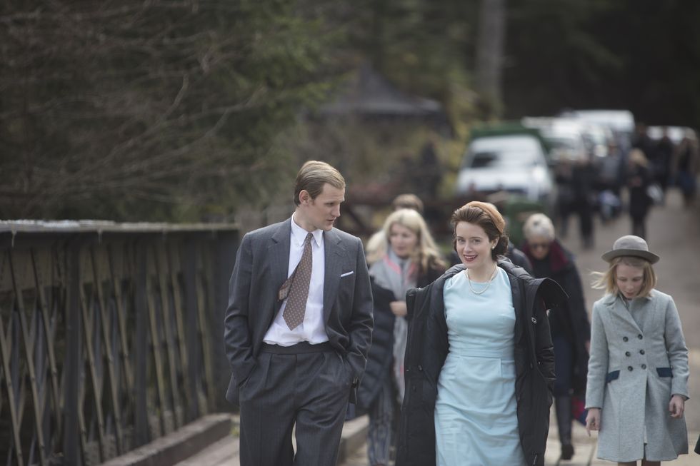 the crown   matt smith, claire foy, lyla barret rye   cast arrive for their scene at balmoral