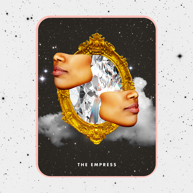 the tarot card the empress, showing part of a womman's face over a diamond in a frame