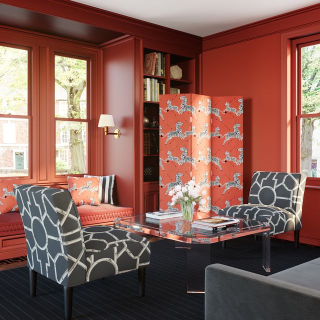 Furniture, Room, Interior design, Orange, Living room, Red, Property, Building, Chair, Home, 