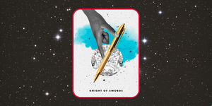 the knight of swords tarot card, showing a hand reaching out to grab a golden pen, is placed over a dark, starry sky