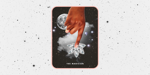 the magician tarot card, showing a hand reaching down in the sky to touch a star shaped diamond
