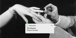 couple with engagement ring and message from the universe "they're the one"  ways to know they're the one