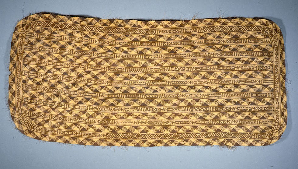 these raffia dance skirts were woven in pieces by men using upright single heddle looms, then sewn together, beaten, and appliqued by women