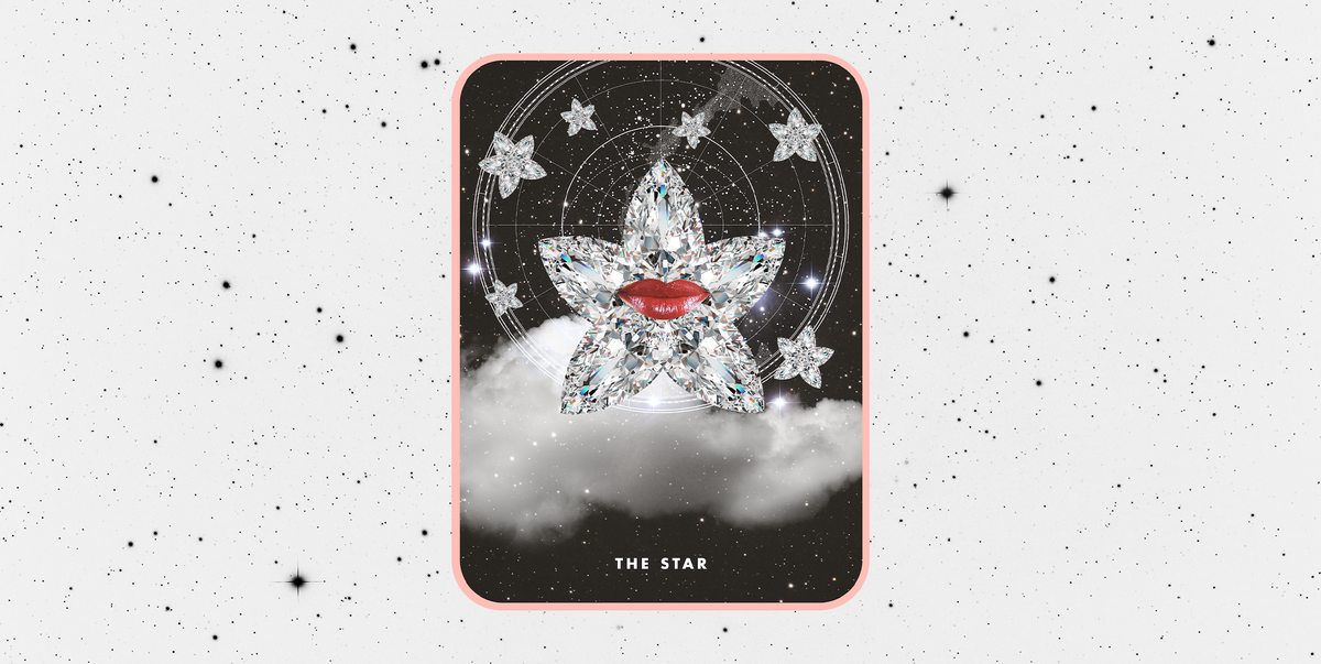 the tarot card the star, showing a pair of lips on top of a star shaped diamond in a night sky