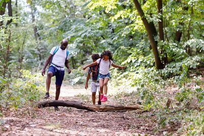 father with kids enjoy beauty of the woods