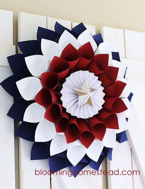 red, white, and blue paper wreath that you can make on 4th of july