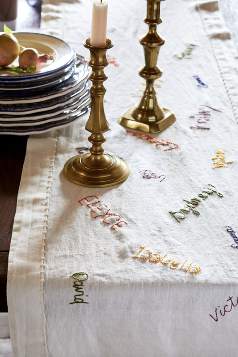 white tablecloth featuring family members' first names embroidered into it in different colors