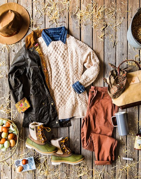 fall outfit vignette featuring cable sweater, chambray shirt, duck books, and wax pants