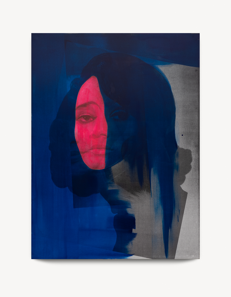abstract artwork featuring a dark blue silhouette and layered textures