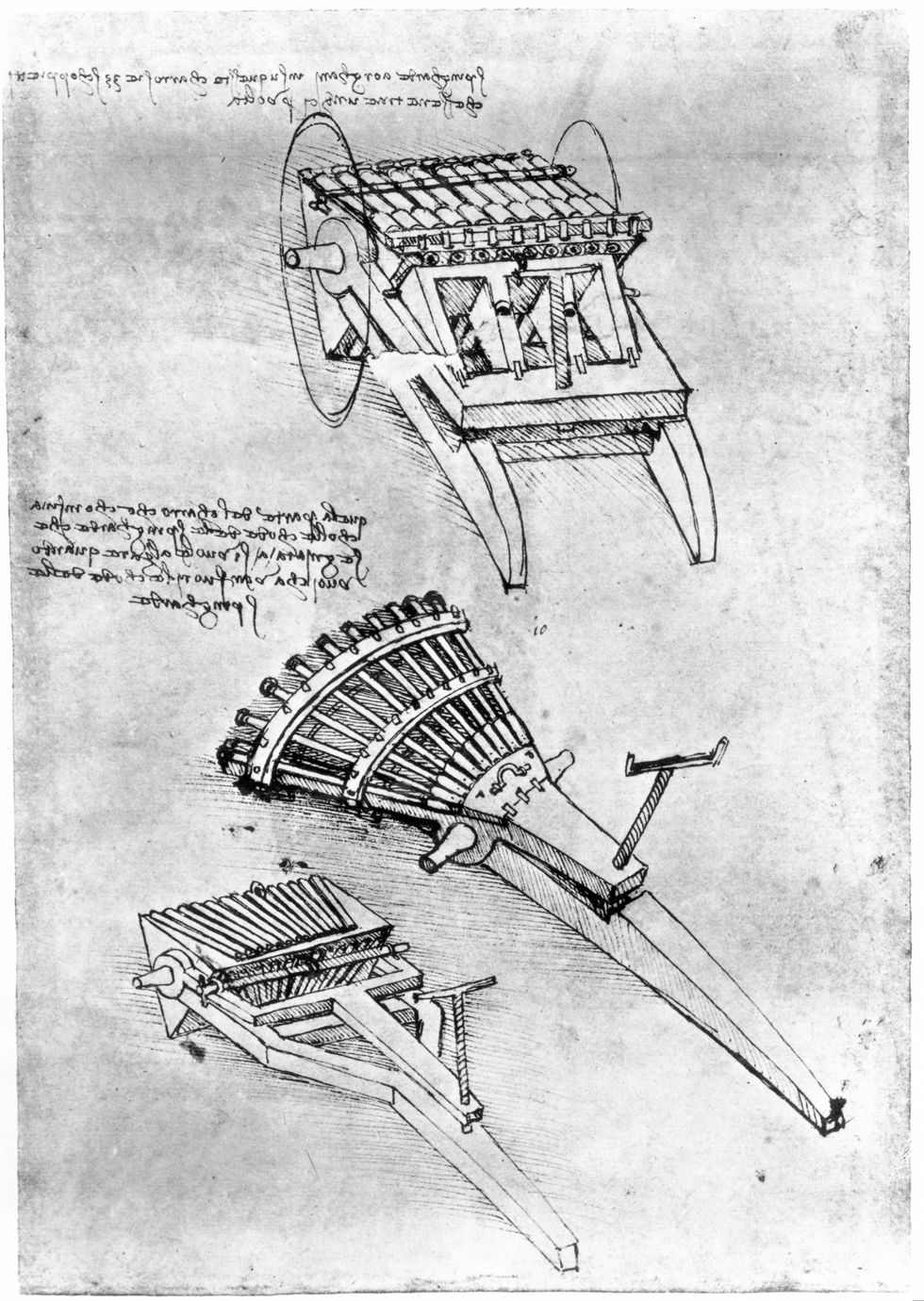 Drawing of multi-barrelled guns by Leonardo da Vinci, c 1500.