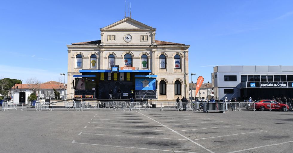 An empty town square before the start of the 6th stage of the 2020 Paris-Nice cycling race