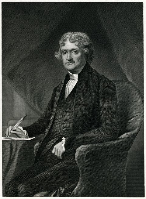 painting of thomas jefferson sitting in a chair, writing on a document