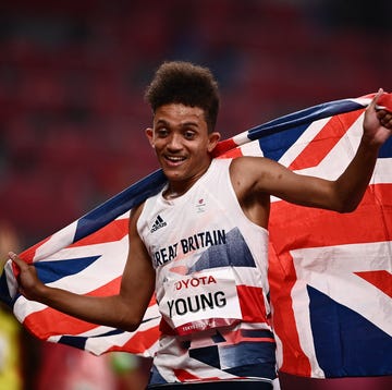 Thomas Young thomas young celebrates after winning the t38 men's 100m final at the olympic stadium during tokyo 2020