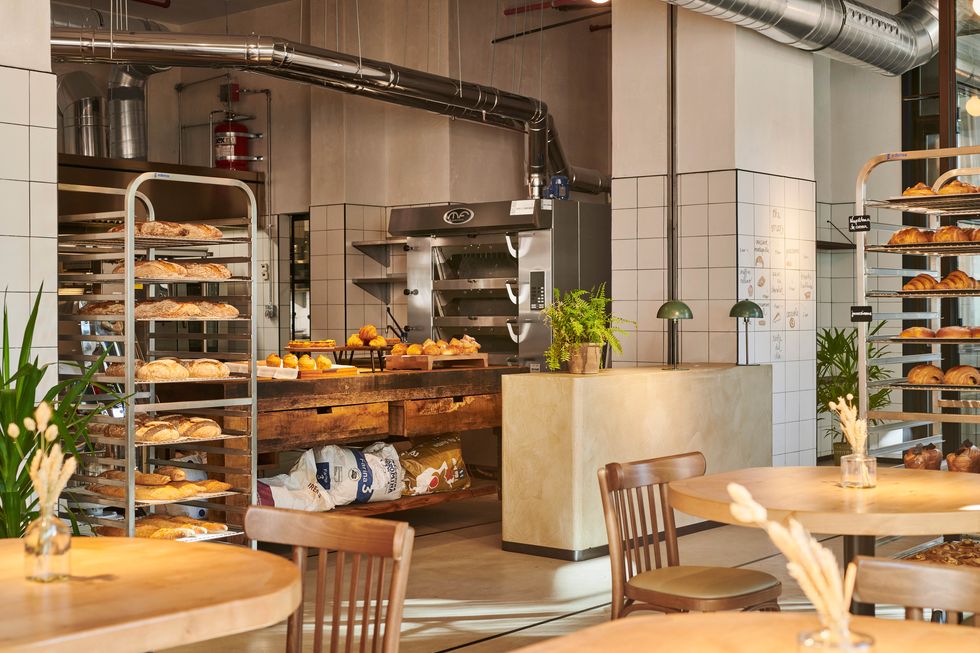 the inside of the bakery bistro, showing racks of pastries