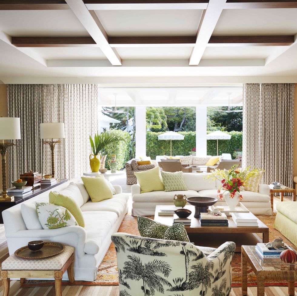 gauzy block printed drapery filters sunlight into the great room