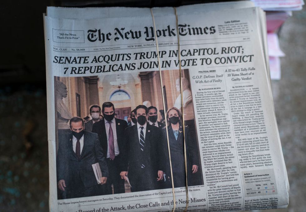 new york times front page declares trump acquited in capitol riot