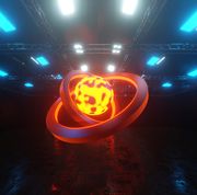 three dimensional render of glowing orb inside dark warehouse