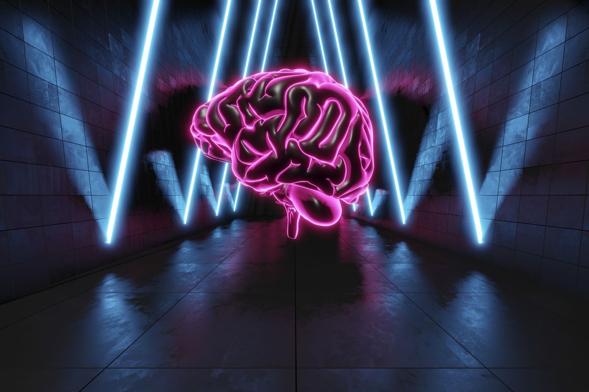 three dimensional render of human brain glowing in dark futuristic corridor illuminated by blue neon lights