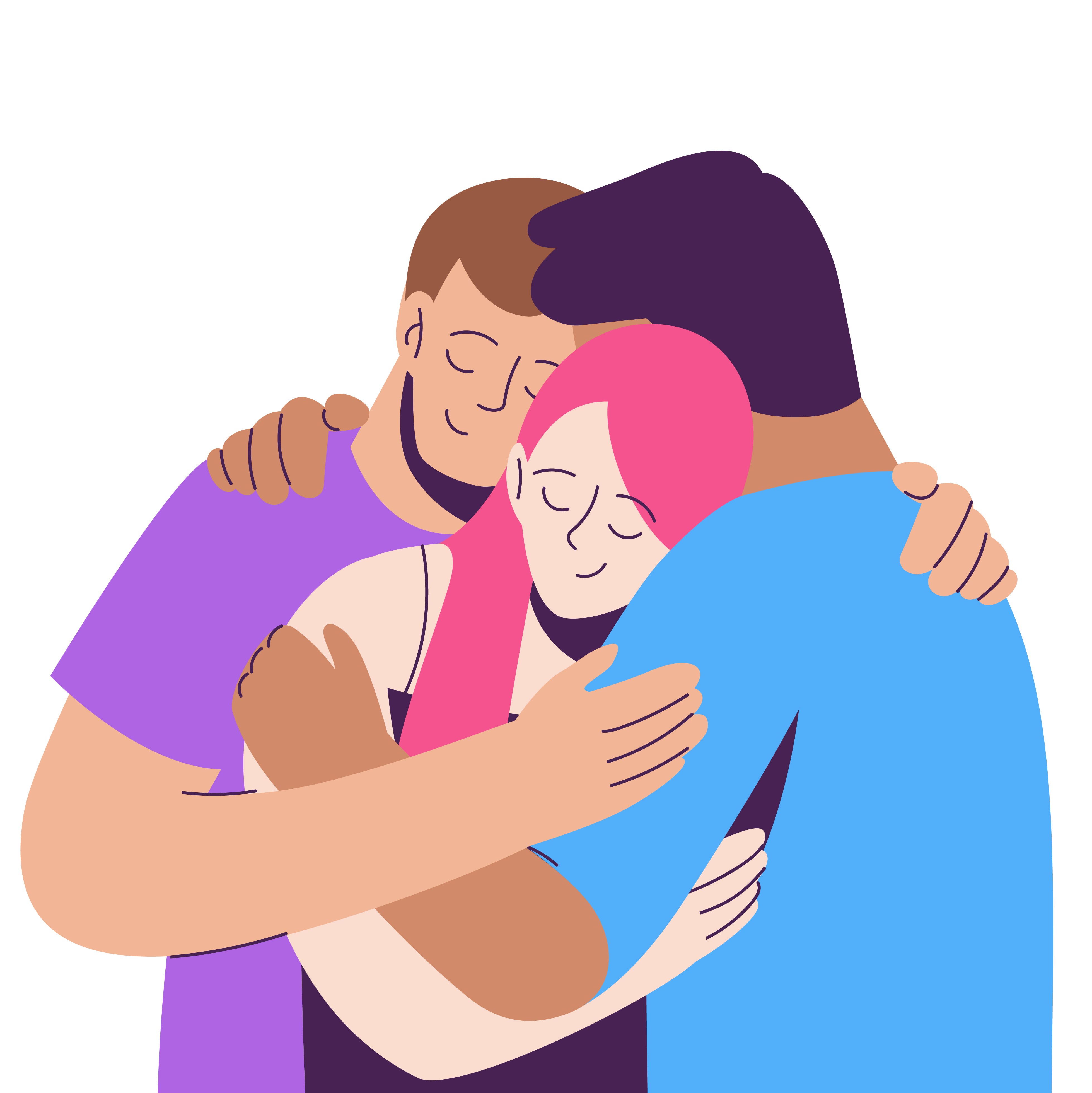 three diversity characters hug polyamory concept 2 guys, 1 girl notions of polygamy, open intimate, romantic and sexual relations, free love ethical non monogamy
