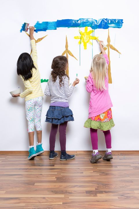 kid birthday party ideas - Three girls painting wind turbines on wall