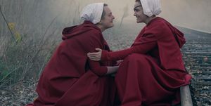 the handmaid’s tale    “milk”   episode 404    june takes a harrowing journey with janine, trying to escape gilead, as janine remembers a stressful experience in her past in toronto, serena tries to manipulate rita, who seeks advice from moira june elisabeth moss and janine madeline brewer, shown photo by sophie giraudhulu