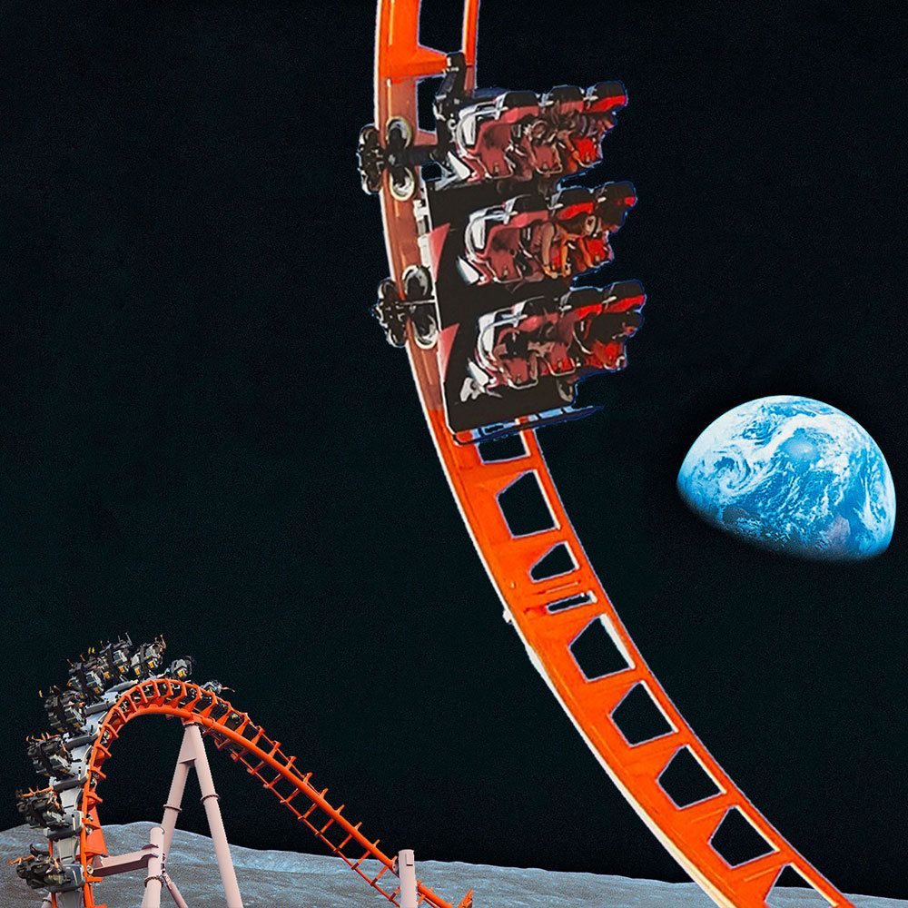 red roller coaster on the moon with earth in background