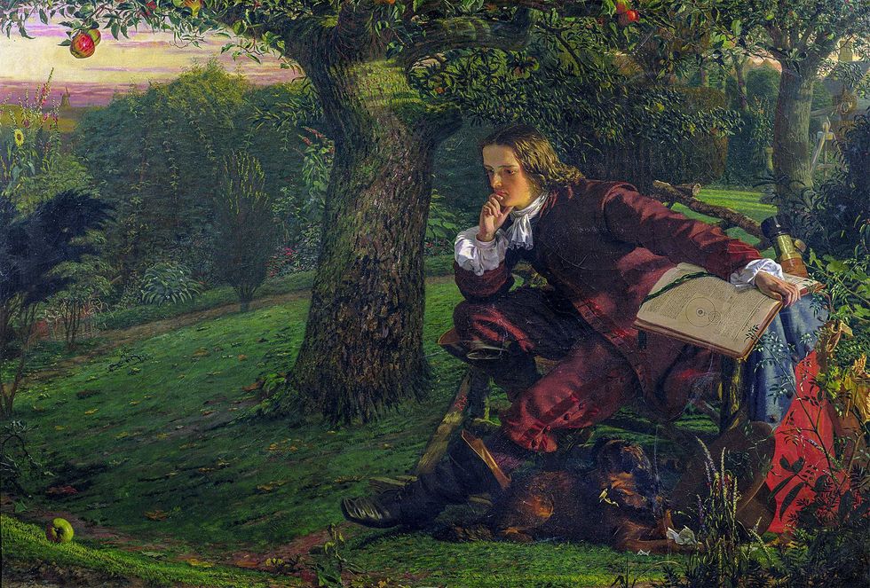 Op latere leeftijd vertelde Newton graag het verhaal van de vallende appel die hem op het spoor had gezet van de wet van de zwaartekracht De scne is verbeeld op dit 19deeeuwse schilderij van Robert Hannah