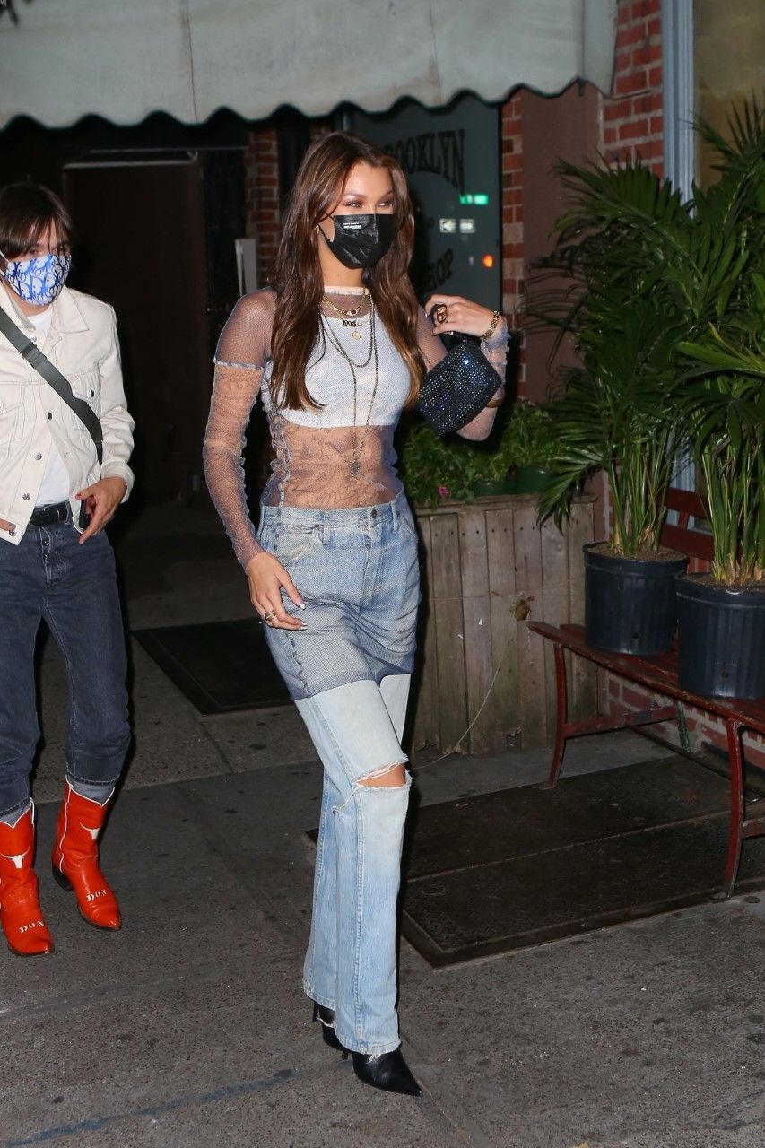 Bella Hadid Gets Quirky in Double Crop Tops, Jorts & Square-Toe