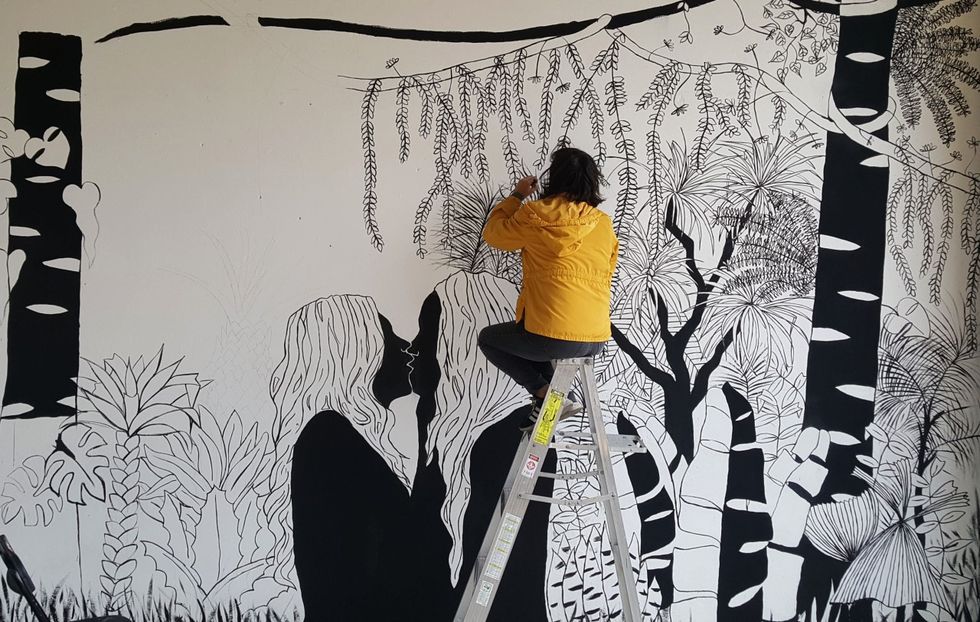 Tree, Yellow, Wall, Black-and-white, Art, Illustration, Street art, Visual arts, Graphic design, Mural, 
