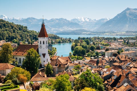 thun cityspace with alps mountain and lake in switzerland