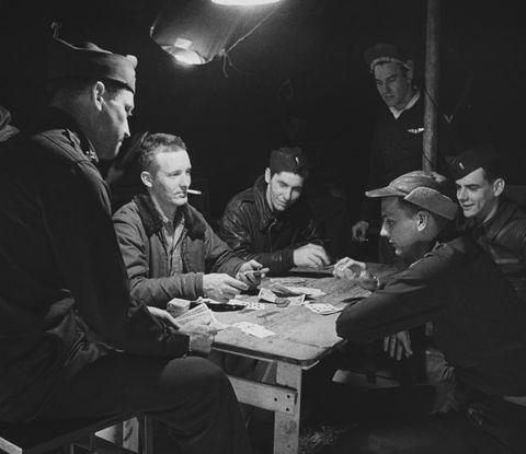 american soldiers playing cards in france, 1944