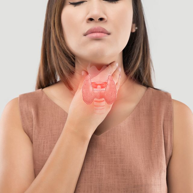 woman holding neck, thyroid gland