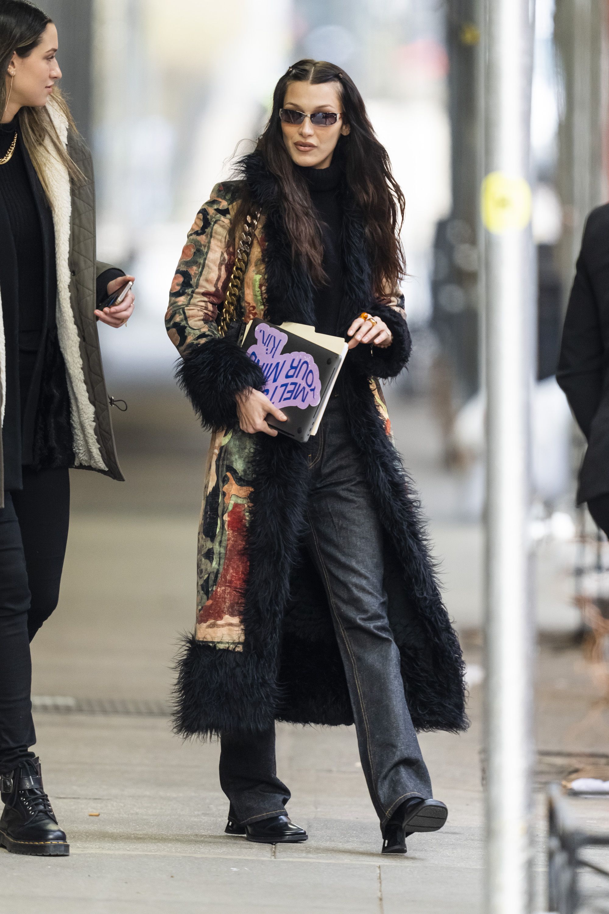 Gigi Hadid: Fur Coat, Tan Suede Boots