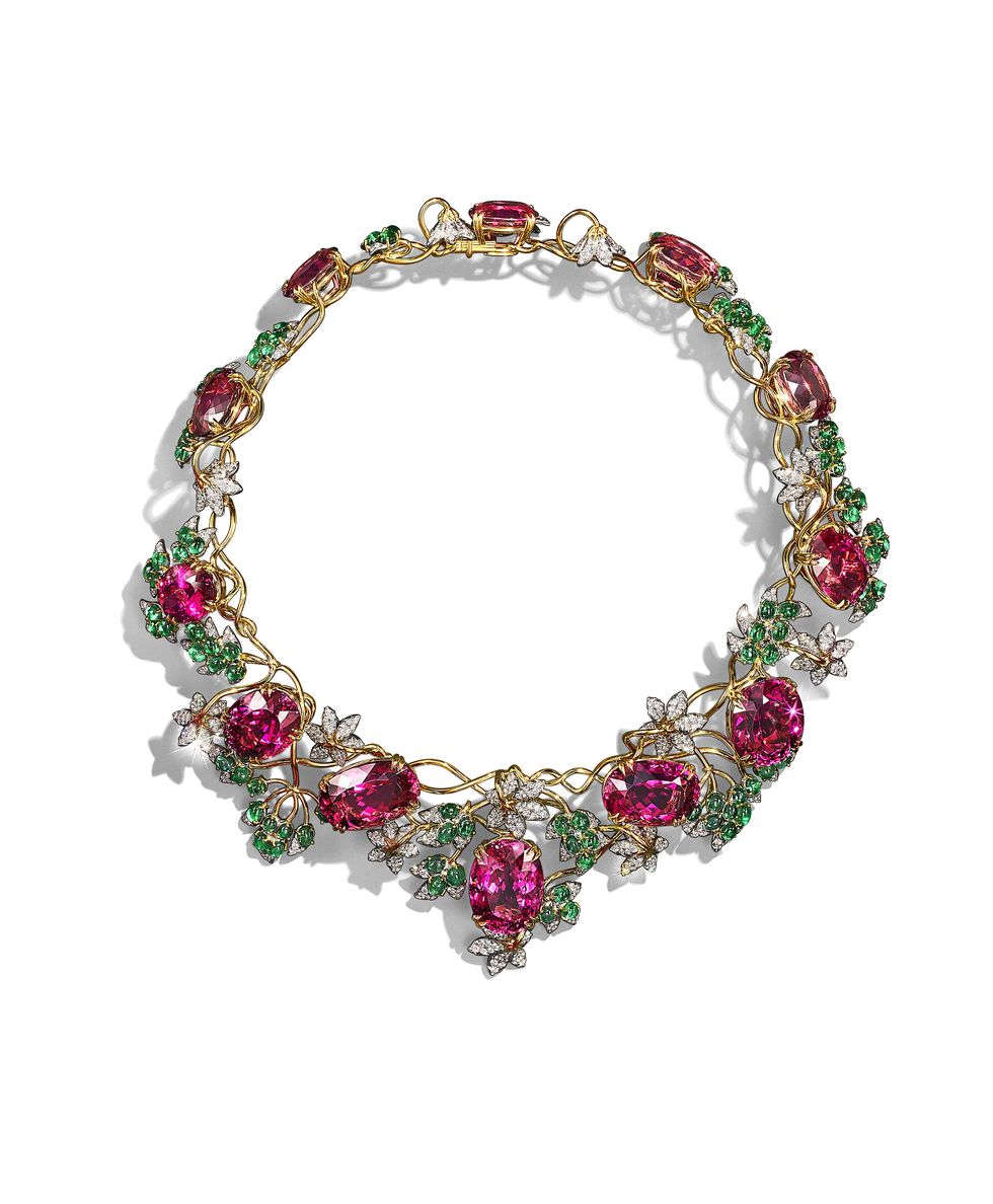 tiffany schlumberger高級珠寶系列 鉑金與18k金鑲嵌紅碧璽、祖母綠與鑽石花型設計項鍊