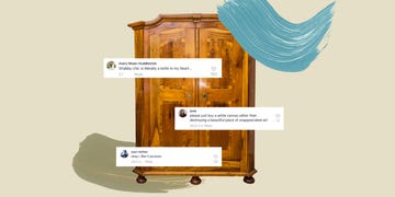 antique dresser overlaid with screenshots of tiktok comments, as well as paint blobs in sage green and blue