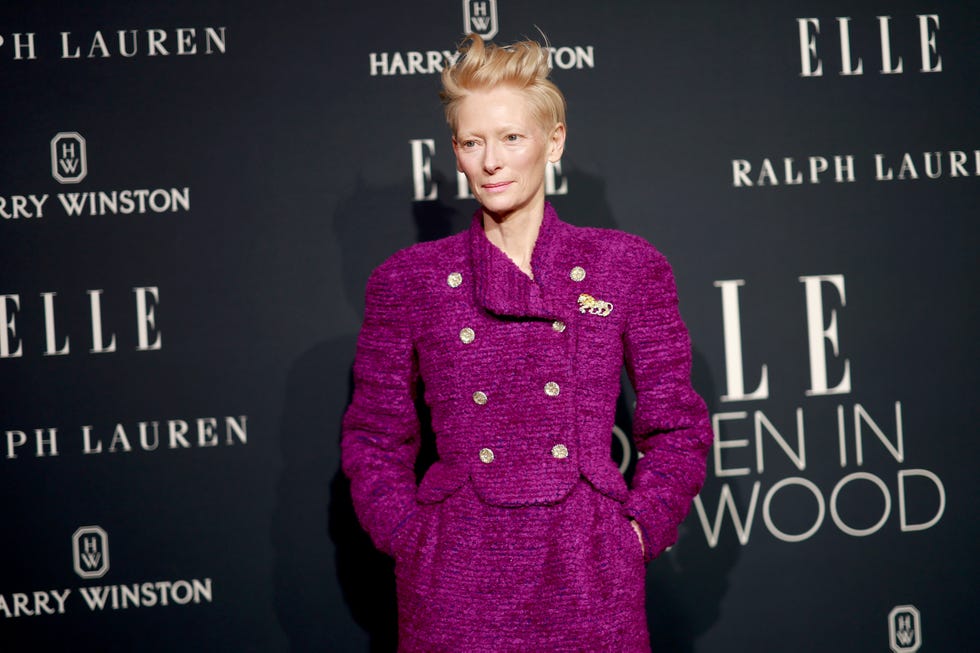 Tilda Swinton Wears Purple Tweed Look at ELLE Women in Hollywood