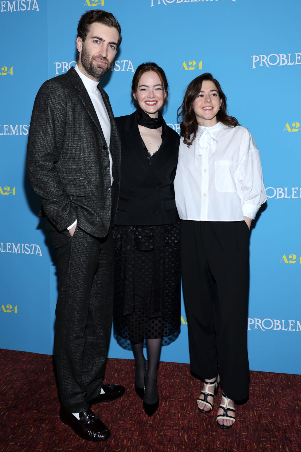 new york, new york february 27 l r dave mccary, emma stone and ali herting attend the problemista new york screening at village east cinema on february 27, 2024 in new york city photo by marleen moisewireimage