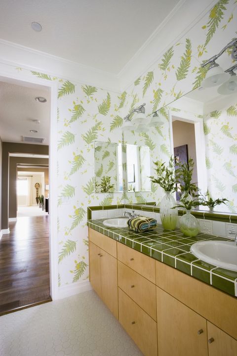 Green, Room, Interior design, Property, Tile, Wall, Ceiling, Bathroom, Floor, Yellow, 