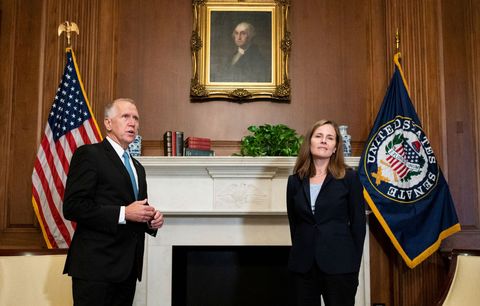 supreme court nominee amy coney barrett r meets with us senator thom tillis, republican of north carolina, at the us capitol on september 30, 2020, in washington, dc photo by bill clark  pool  afp photo by bill clarkpoolafp via getty images