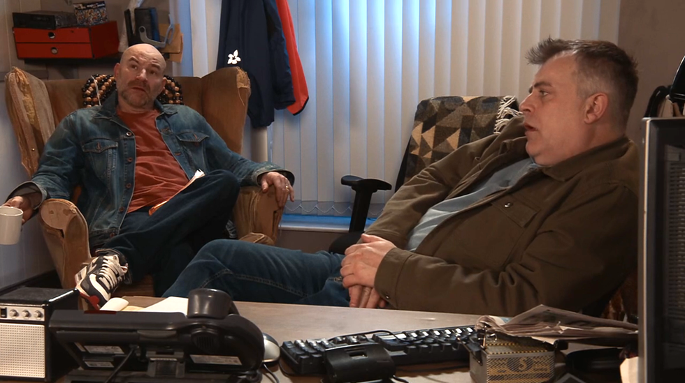tim metcalfe and steve mcdonald in the cab office, coronation street